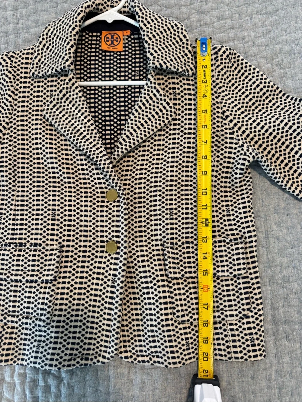 Tory Burch Navy and Cream Geometric Knit Jacket with Logo Tag